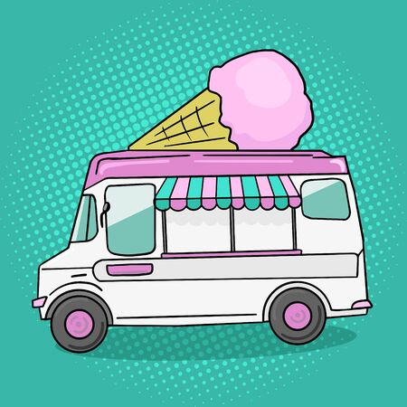 Ice cream van. Cartoon pop art vector illustration.のイラスト素材
