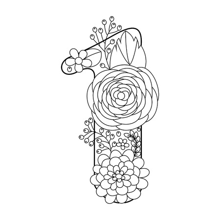 Floral alphabet number coloring book for adults vector illustration.のイラスト素材