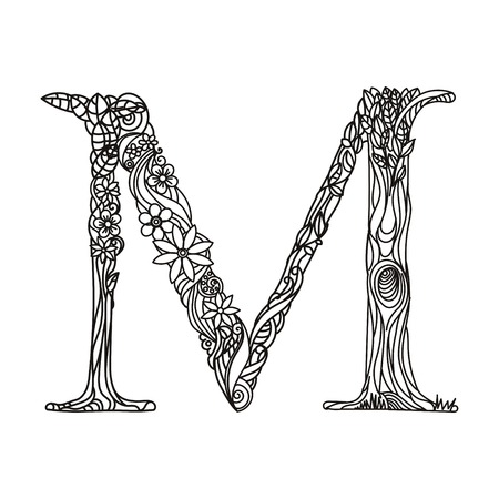 Floral alphabet letter coloring book for adults vector illustration.のイラスト素材