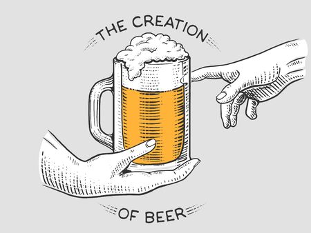 Hands with cup of beer engraving vector illustration. Scratch board style imiation.のイラスト素材