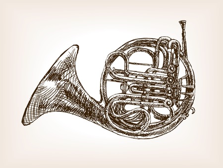 French horn sketch style vector illustration. Old engraving imitation.のイラスト素材