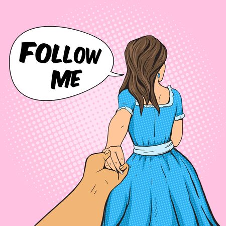 Man follows the girl and holding her hand. Cartoon pop art vector illustration. Human comic book vintage retro style.のイラスト素材