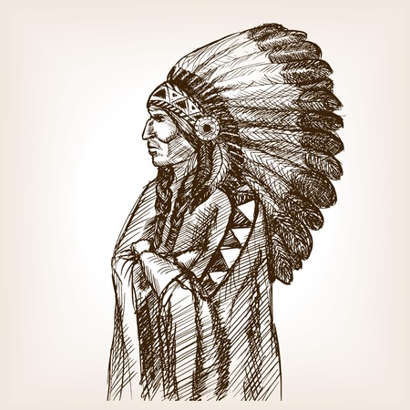 Vintage indian man sketch style vector illustration. Old engraving imitation.のイラスト素材