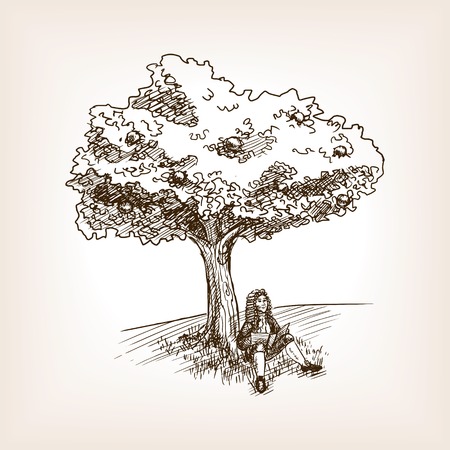 Medieval scientist under the apple tree sketch style vector illustration. Old hand drawn engraving imitation.のイラスト素材