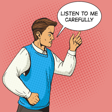 Man gesturing and argues. Cartoon pop art vector illustration. Human comic book vintage retro style.のイラスト素材