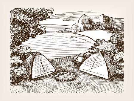 Camping landscape sketch style vector illustration. Old hand drawn engraving imitation.のイラスト素材