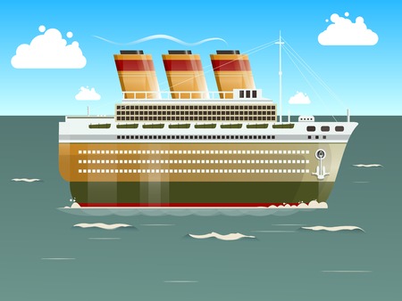 Cruise ship on the ocean. Cartoon colorful vector illustrationのイラスト素材