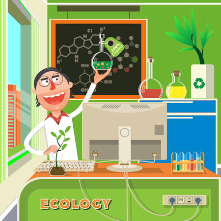 Scientist performing an experiment in chemical lab flat style. Cartoon colorful vector illustrationのイラスト素材