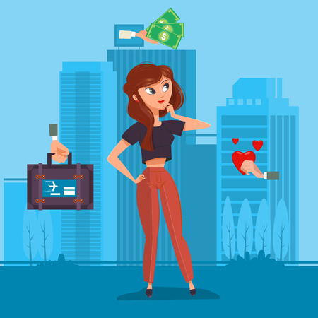 Girl chooses money travel and love flat style. Cartoon colorful vector illustrationのイラスト素材