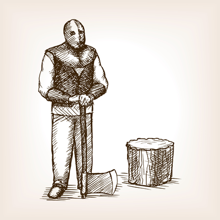 Executioner with an ax sketch style vector illustration. Old hand drawn engraving imitation.のイラスト素材