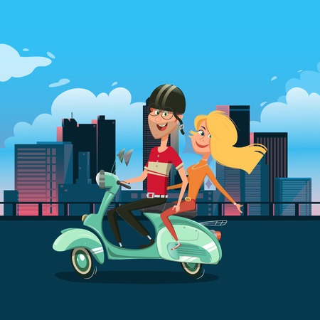 Couple riding scooter. Cartoon character colorful vector illustrationのイラスト素材