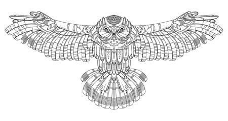 Owl bird coloring book vector illustration. Anti-stress coloring for adult.  Black and white lines. Lace patternのイラスト素材