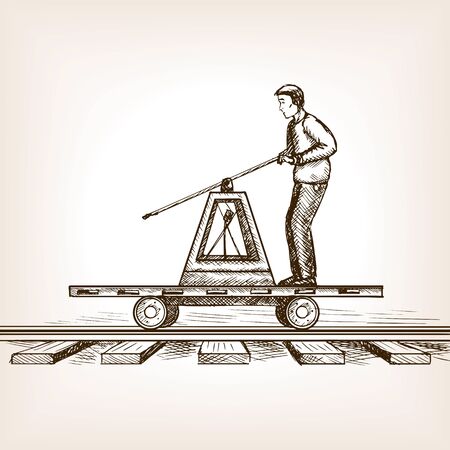 Man drive railway draisine handcar sketch style vector illustration. Old engraving imitation.のイラスト素材