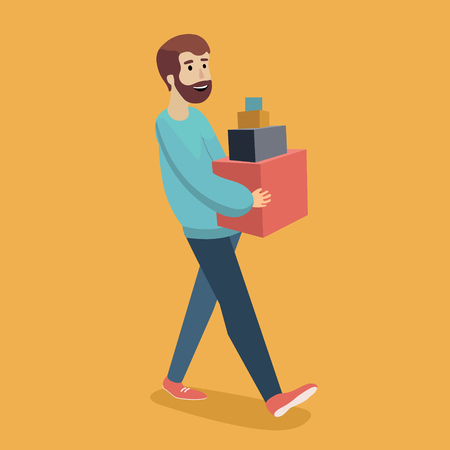 Man carries boxes. Guy walking from store. Cartoon colorful vector illustrationのイラスト素材