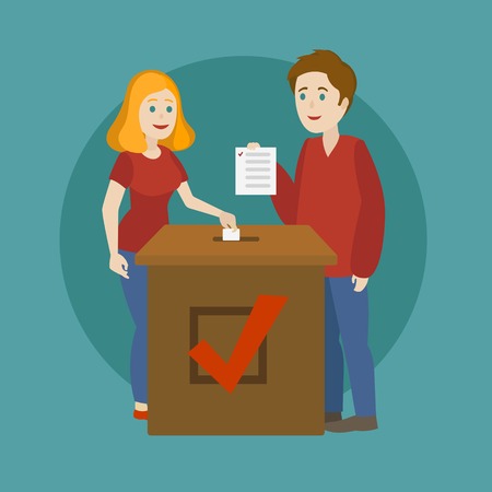 Young family voting. Voting in elections. Cartoon colorful vector illustration