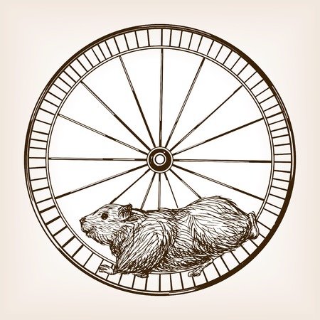 Hamster in a wheel sketch style vector illustration. Old engraving imitation.のイラスト素材