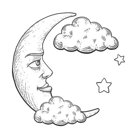 Moon with face in clouds engraving vector illustration. Scratch board style imitation. Hand drawn image.のイラスト素材