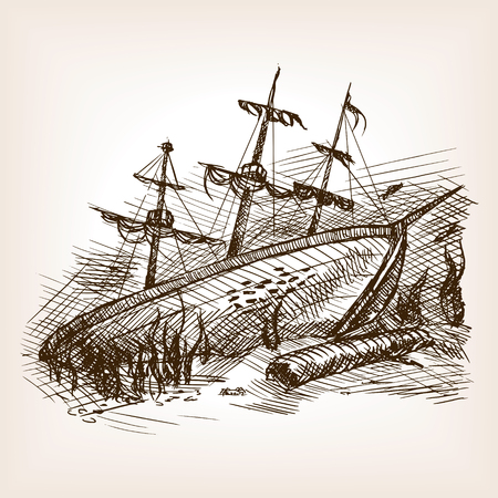 Wrecked ancient sailing ship sketch style vector illustration. Old hand drawn engraving imitation.のイラスト素材