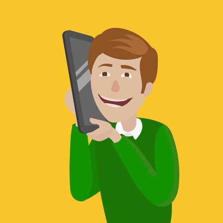 Man with huge smart phone. Cartoon colorful vector illustrationのイラスト素材