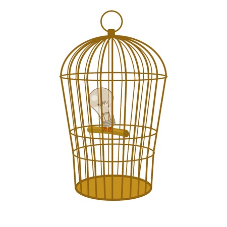 Idea lamp in cage. Conceptual hand drawn image. Cartoon colorful vector illustrationのイラスト素材