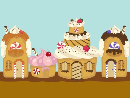 Homes of cakes district. Colorful hand drawn cartoon vector illustrationのイラスト素材