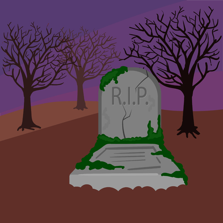 Grave in the cemetery. Dark night. Colorful hand drawn cartoon vector illustrationのイラスト素材