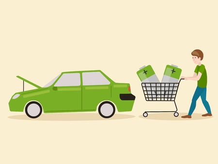 Electric car discharged and man with power battery. Car with a raised hood. Electric car discharged. Hand drawn colorful cartoon vector illustrationのイラスト素材