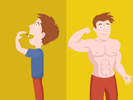 man swallows the pill and become muscular. Man takes a drug.Colorful hand drawn cartoon vector illustrationのイラスト素材