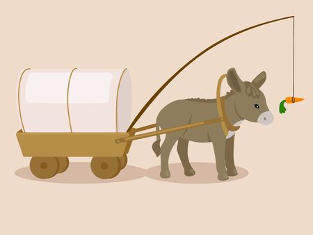 Donkey pulling carriage chasing a carrot. Cartoon colorful vector illustrationのイラスト素材