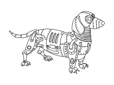 Steampunk style dachshund dog. Mechanical animal. Coloring book for adult illustration.のイラスト素材