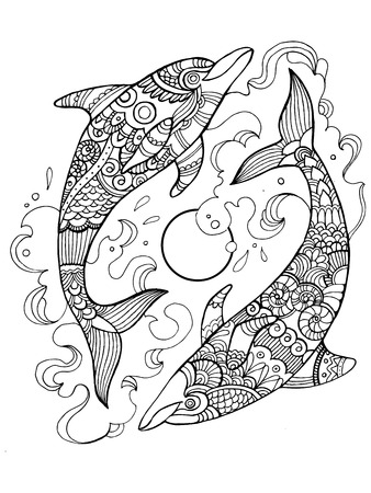 Dolphin coloring book for adults  illustration. Anti-stress coloring for adult. Tattoo stencil. Zentangle style. Black and white lines. Lace patternのイラスト素材