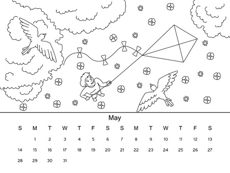 May calendar with coloring book image. Black and white drawing. Cartoon hand drawn vector illustrationのイラスト素材