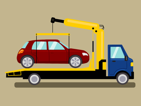Tow truck takes away car. Colorful hand drawn cartoon vector illustrationのイラスト素材