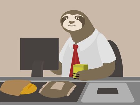 Sloth cashier guy in shop. Cartoon comical hand drawn vector illustrationのイラスト素材