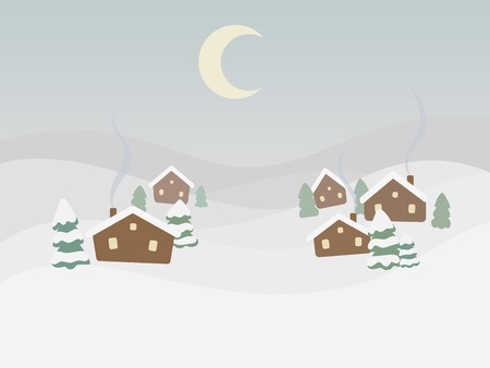 Rural winter landscape. Colorful hand drawn cartoon vector illustration. Christmas backgroundのイラスト素材