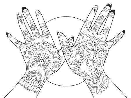 Hands with mehndi drawing coloring book for adults vector illustration. Anti-stress coloring for adult. Tattoo stencil.   Black and white lines. Lace patternのイラスト素材