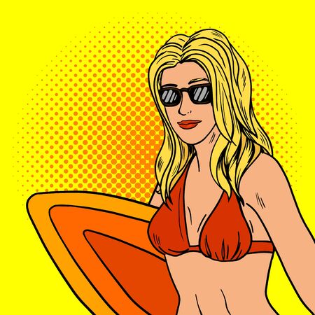 Girl with surfboard pop art retro vector illustration. Comic book style imitation.のイラスト素材