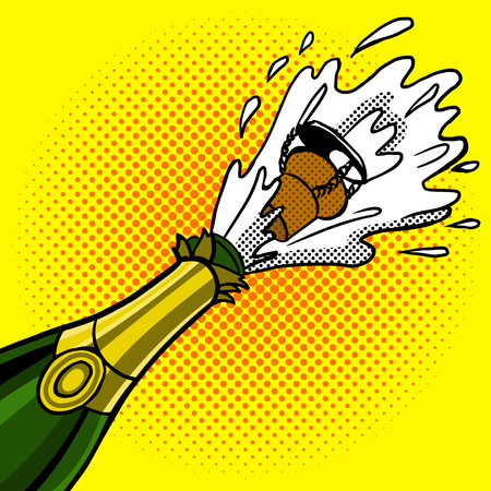 Cork flies out of a bottle of champagne pop artのイラスト素材