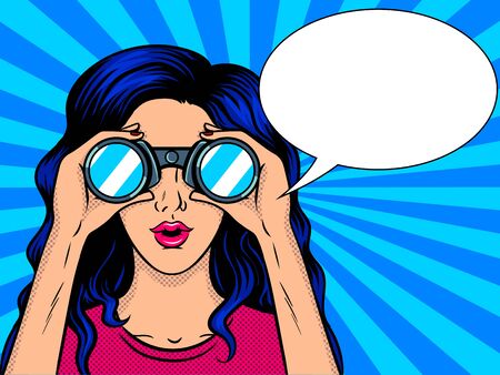 Woman looks through binocular pop art retro vector illustration. Comic book style imitation.のイラスト素材