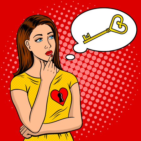Key from female heart metaphor pop art retro vector illustration. Comic book style imitation.のイラスト素材