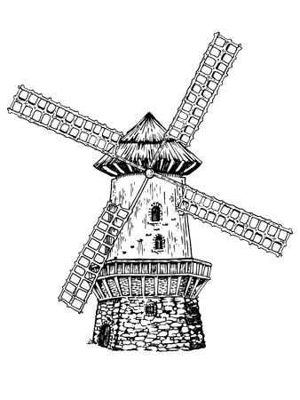 Old windmill engraving vector illustration. Scratch board style imitation. Hand drawn image.のイラスト素材