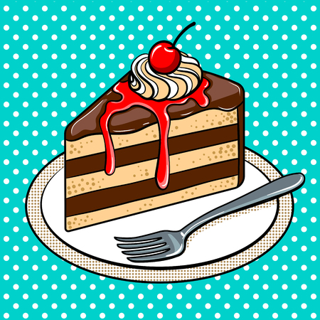 Slice of cake on plate pop art hand drawn vector illustration.のイラスト素材