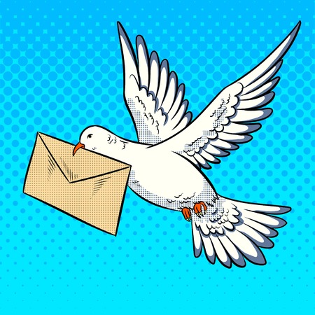 Postal dove bird with letter pop art retro vector illustration. Comic book style imitation.のイラスト素材