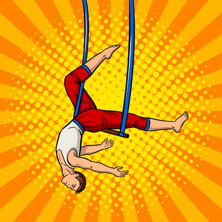 Circus acrobat on trapeze pop art retro vector illustration. Comic book style imitation.のイラスト素材