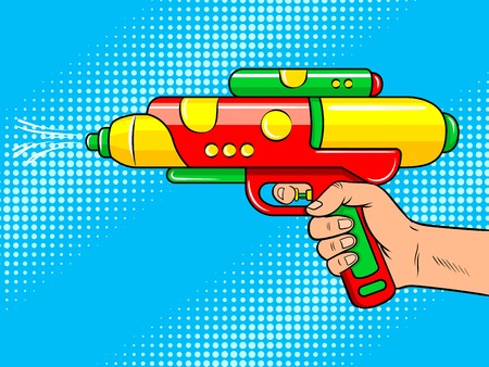 Water gun toy on hand pop art retro vector illustration. Comic book style imitation.の写真素材