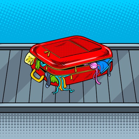Broken bag on baggage claim tape pop art vectorのイラスト素材