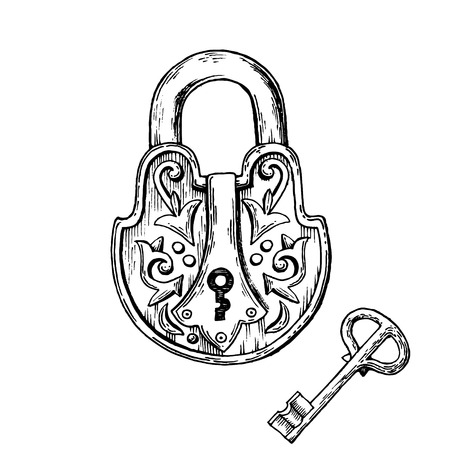 Vintage lock and key engraving vector illustration. . Scratch board style imitation. Hand drawn image.のイラスト素材