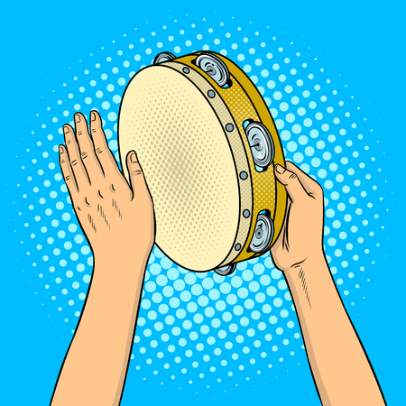 Hands with tambourine pop art retro vector illustration. Comic book style imitation.のイラスト素材