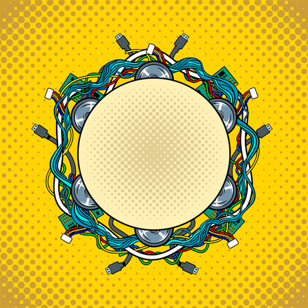 Computer network wires with tambourine pop art retro vector illustration.のイラスト素材
