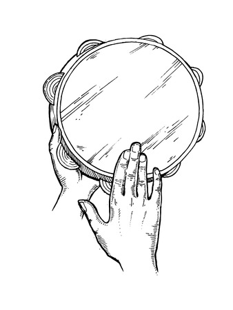 Hands and tambourine engraving vector illustrationの写真素材